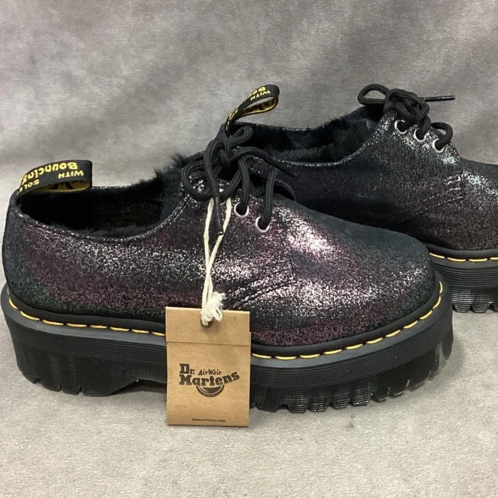 NWT Dr. Martens 1461 Quad Faux Fur Lined Metallic Platform Shoes Size 6